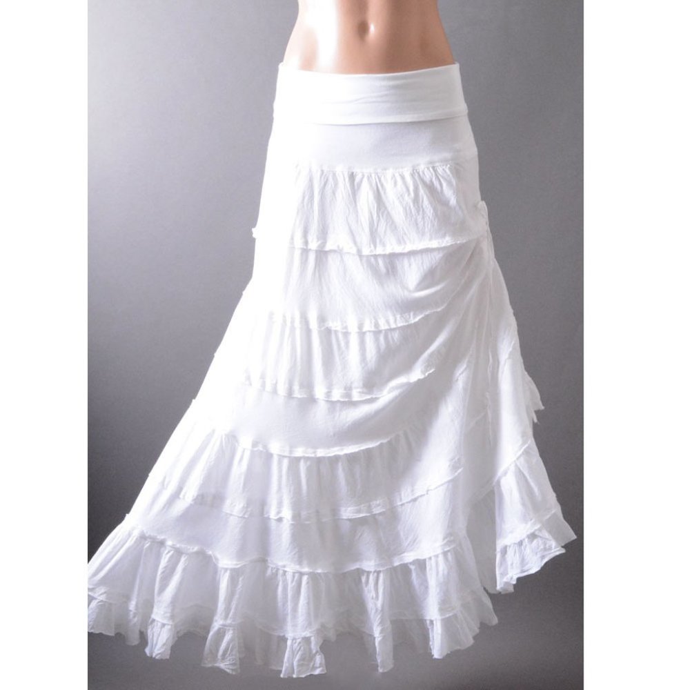 White Summer Asymmetrical Boho Ruffle Stripe Tiered Beach Women Long Maxi Skirt